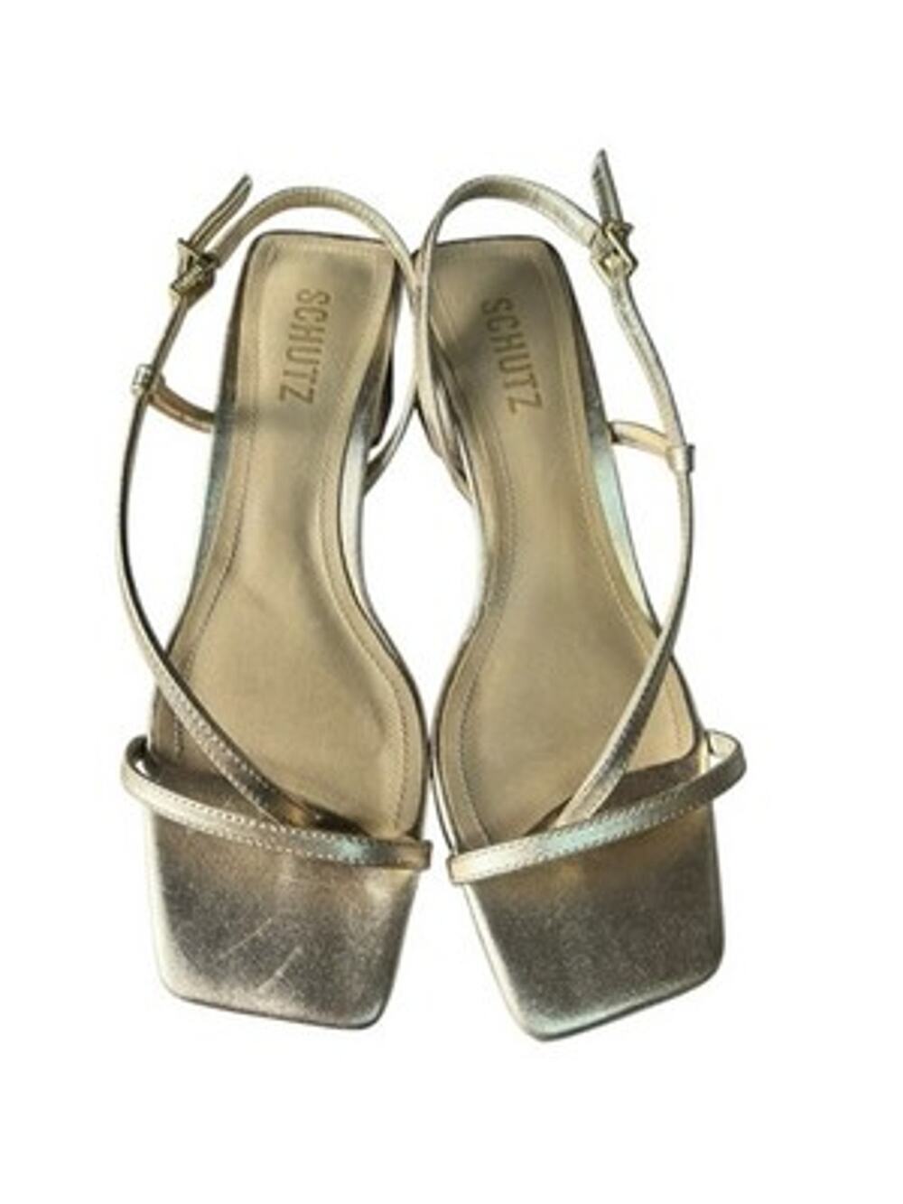 Schutz Heloise Gold Metallic Leather Strappy Slingback Block Heel Sandals 7B